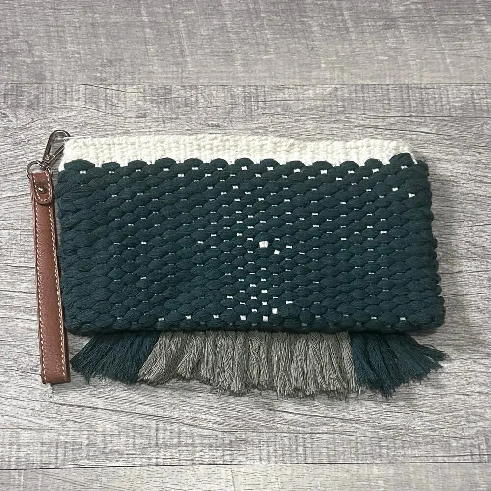 June + Rya Handwoven Boho Small Clutch Bag W/ Hand Strap Zippered Green Cotton